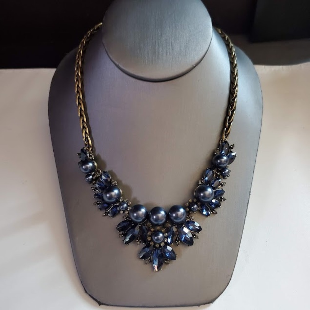Banana Republic Navy Blue Faux Pearl Crystal Statement Necklace Antique Gold